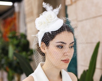 Floral Tulle Bridal Hat with Veil, Elegant Headpiece for Brides, Bridal Cap, Chic Wedding Hair Ornament, Cyristal Stone, Wedding Hat Veil