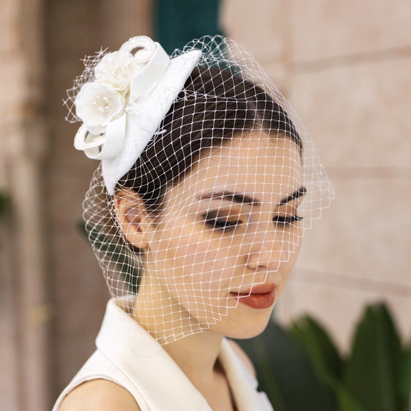 Handmade Bridal Hair Comb with Crystal Stones,  Handmade  Floral Bridal Tulle Hat,  Wedding Birdcage Veil, Bridal Hat, Weeding Hat