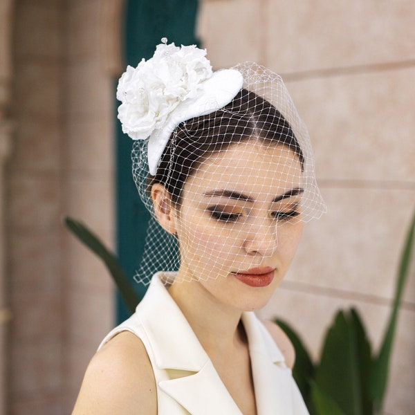 Handmade Bridal Hat with Matte Satin Fabric Birdcage Veil Crystal Stonesand Fabric Flowers, Wedding Birdcage Veil, Veil Headpiece for Brides