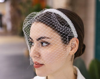 Headband Bird Cage Veil for Bride,Crystal Stone Embroidered Wedding Crown,Zircon Stone Coronet Hair Accessory,White Bridal Circlet for Women