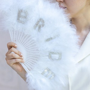 Embroidered Feather Hand Fan, White Bridal Feather Fan, Zircon Stone Bride Fan, Wedding Accessories Bride, Gift for Bride, Hen Party Fan