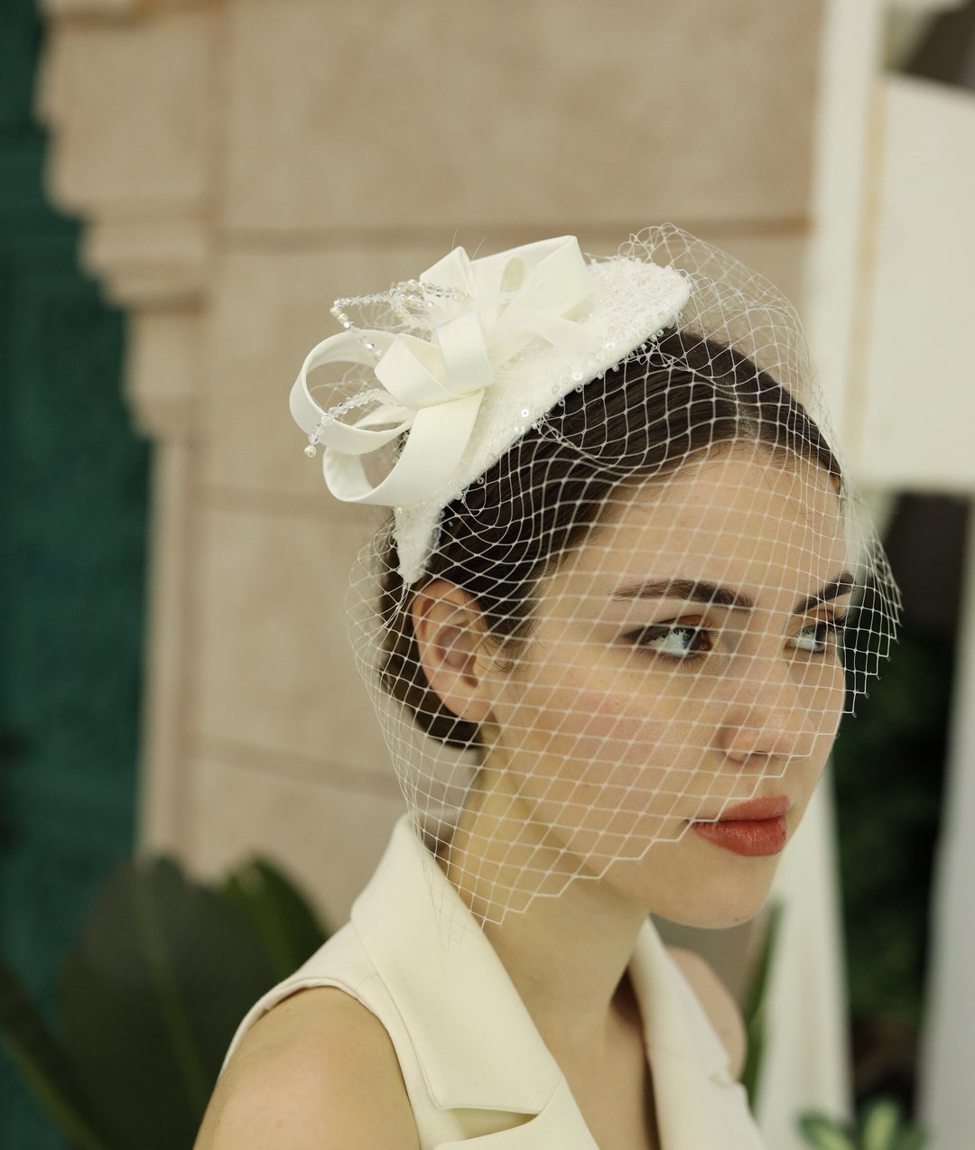 White Top Hat Mesh Veil Wedding Veil Bird Cage Veil Bow Etsy