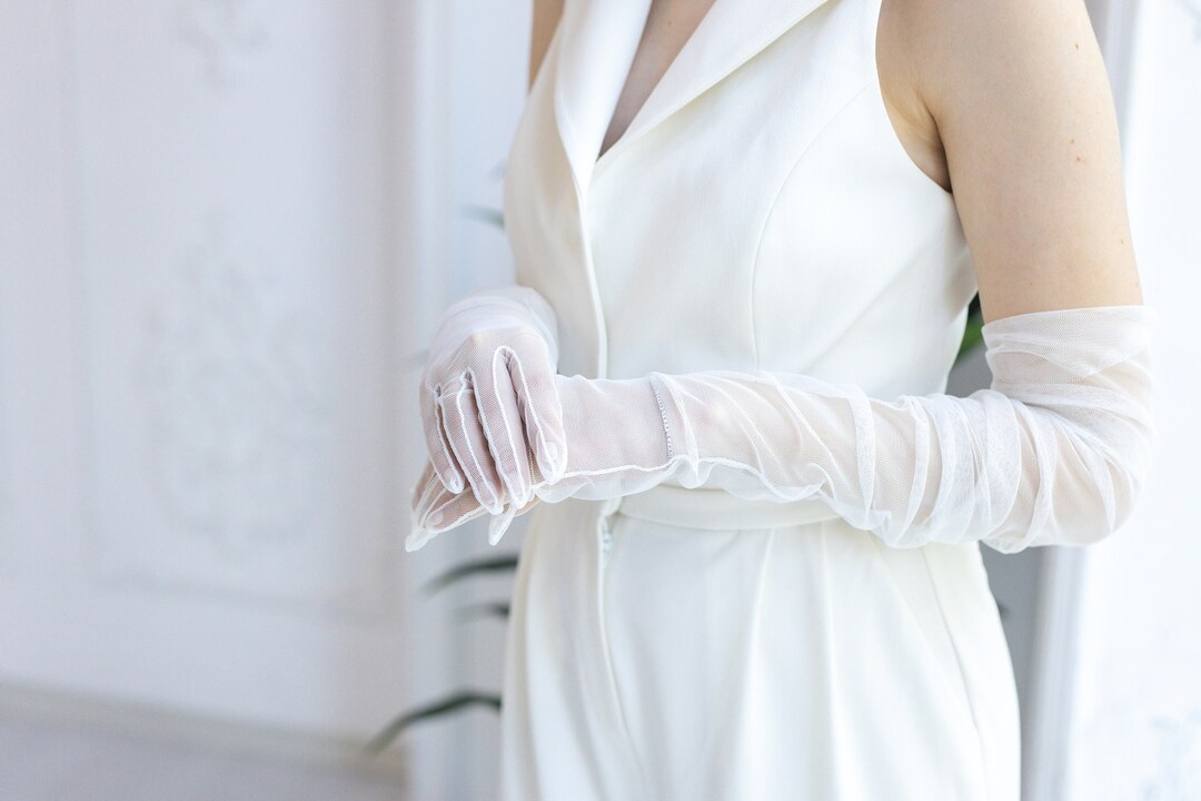 White Bridal Tulle Gloves Long, Elegant Wedding Gloves, Bridal Gloves, Touchscreen, Evening