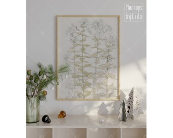 Mockup met Scandinavische houten lijst: vintage boho-kunstwerkdisplay (digitale download)