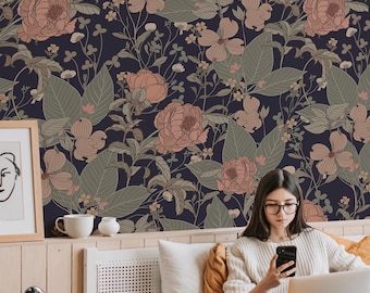 Dark Floral Peony Wallpaper – Peel and Stick Removable Mural 130