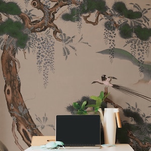 Chinoiserie wall art, Birds and flowers wallpaper, Japanese wall decoration, Oriental landscape, Peel and Stick 80