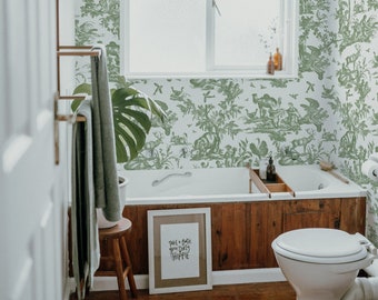 Toile de jouy decorative pastoral green art wallpaper, French rustic wall mural 78