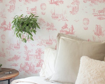 Pink Toile de jouy pastoral scenes wallpaper, French classic illustration for sophisticated interior 75