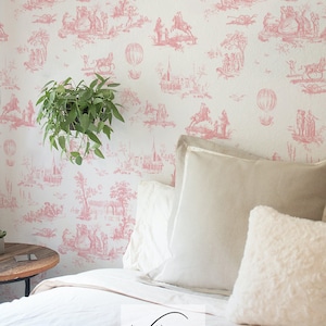 Pink Toile de jouy pastoral scenes wallpaper, French classic illustration for sophisticated interior 75