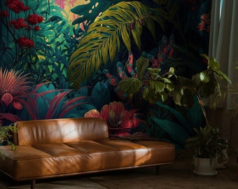 Dark tropical landscape wallpaper, Peel and stick wall decor 44