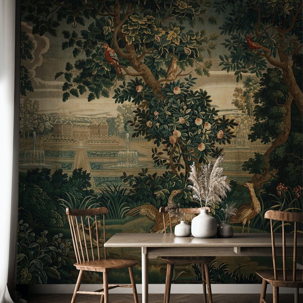 Verdure with Château and Garden wallpaper, Moody woodland country painting 42