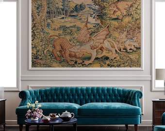 Wawel Arras Verdure with dragon and panther wallpaper, Garden with animals antique painting 54