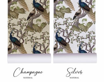 METALLIC wallpaper - Aesthetic peacock botanical wallpaper - Luxurious nature-inspired home decor