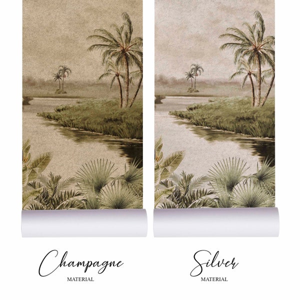 METALLIC behang - Tropisch landschap met een rivier, natuurschilderachtige muurschildering op premium materiaal