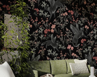 Winged Cats Wallpaper, Dark Floral, Gothic Peel and Stick Mural 189