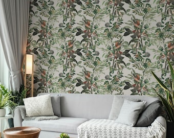 Vintage Bird Wallpaper with Green Leaves, Farmhouse Botanical Peel and Stick Mural, Removable Nature Wall Decor for Nursery 203