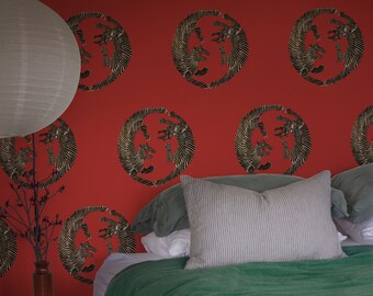 Vintage Japanese Tiger Wallpaper, Red Oriental Mural 112