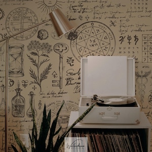 Vintage alchemy wallpaper, Mystical symbols mural, Occult-inspired wall decor, Removable paper, Historical esoteric theme 68