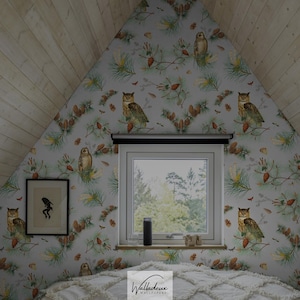 Owl wallpaper, Pinecone and owl pattern, Forest mural, Vintage woodland wallpaper, Nature-inspired home decor 74