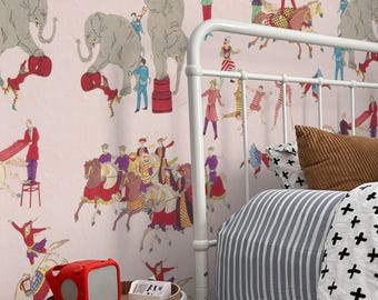 Vintage Circus Wallpaper, Pink Nursery Wall Decor, Whimsical Animals Mural, Retro Acrobat Print, Peel and Stick Kids Room Art 207