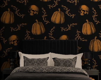 Gothic Halloween Peel and Stick Wallpaper, Skulls and Pumpkins 186