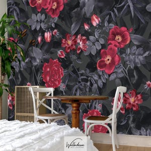 Dark roses wallpaper, Moody botanical wall decor, Vintage rose pattern wallpaper, Elegant dark floral mural 94