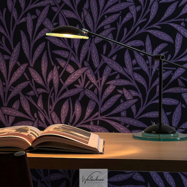 William Morris Purple Botanical Wallpaper, Willow Leaf Pattern 83