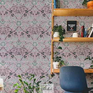 Botanical Peel and Stick Wallpaper – Removable Floral Wall Mural with Dusty Pink Background – Self-Adhesive Pattern for Living, Bedroom 120