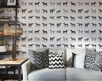 Monochrome Horse Pattern Wallpaper, Farmhouse Peel and Stick Nursery Mural 181