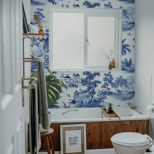 Toile de jouy tropical island wallpaper, French antique vintage mural 41