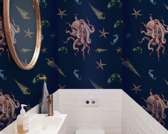 Navy Blue Octopus Wallpaper, Nautical Mural, Peel and Stick 128