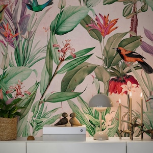 Exotic jungle with hummingbirds removable wall mural, Tropical paradise vacay vibe pattern 13