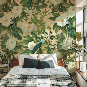 Vintage Peacock Wallpaper, Green and Beige Chinoiserie Botanical with White Flowers, Art Deco Wall Mural Decor 153