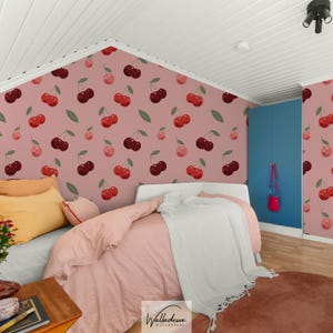Cute Cherry Wallpaper, Vintage Fruit Pattern in Pink & Red, Retro Country Farmhouse Kitchen Wall Mural 152