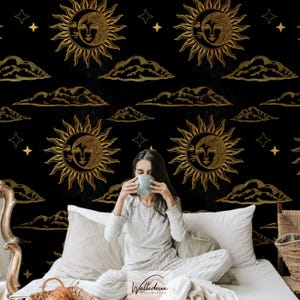 Celestial Sun and Moon Peel & Stick Wallpaper – Removable Esoteric Wall Mural in Gold and Black – Self-Adhesive Sky Pattern for Bedroom 125
