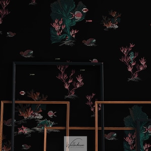 Dark ocean wallpaper, Underwater coral reef pattern, Black background wallpaper, Moody aquatic design 50
