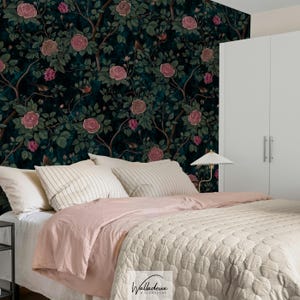 Victorian Dark Floral Wallpaper with Pink Roses & Birds, Peel and Stick Removable Vintage Garden Mural for Accent Wall 142