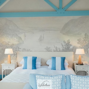Gentle river valley wall mural, Subtle lake landscape sketch removable custom wallpaper 07