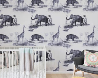 Safari Animal Nursery Wallpaper, Blue Vintage Toile, Peel and Stick Mural 140