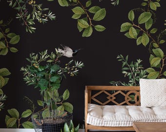 Dark Botanical Wallpaper, Birds, Greenery, Peel and Stick Mural 193
