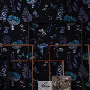 Mystery night in forest wallpaper, Mushroom wallpaper, Ferns and forest fruits, Floral mural, Dark academia, Dark wallpaper 17