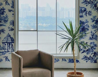 Blue Toile de Jouy Wallpaper, French Countryside Mural 62