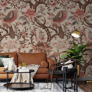 Vintage Chinoiserie Parrot Wallpaper: Exotic Bird & Flower Wall Mural