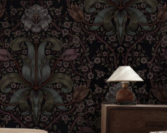 Dark Academia Floral Wallpaper, William Morris Style, Peel and Stick Mural 190