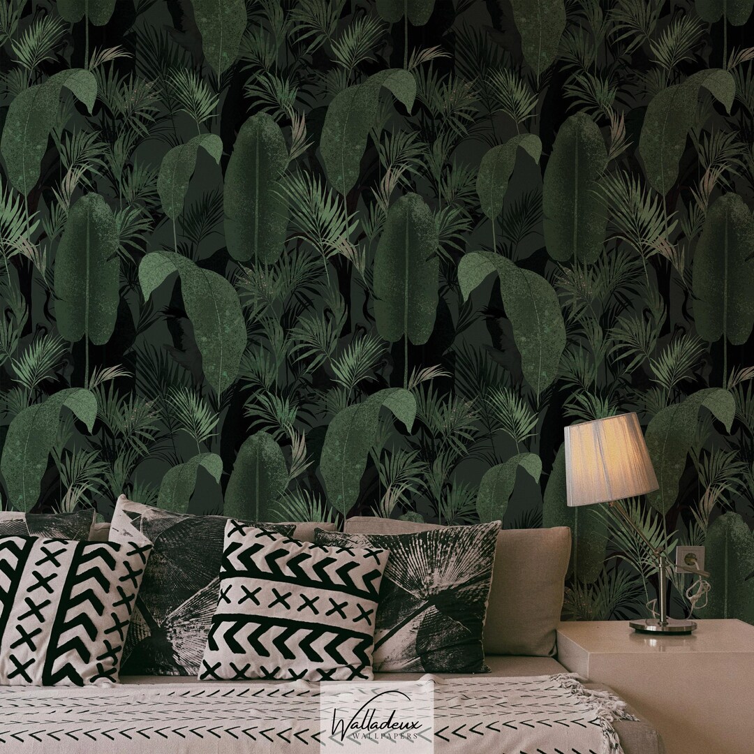 Dark Jungle Peel and Stick Wallpaper – Tropical Leaf Wall Mural 116 - Etsy