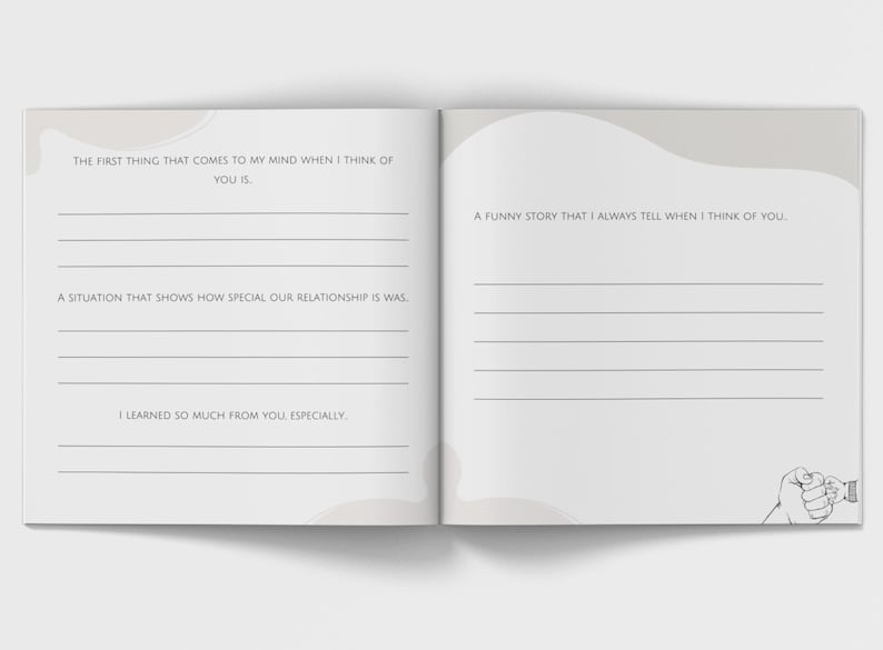 May include: Open journal with lined pages and prompts. The left page has prompts: "The first thing that comes to my mind when I think of you is...", "A situation that shows how special our relationship is was...", and "I learned so much from you, especially." The right page has the prompt: "A funny story that I always tell when I think of you."
