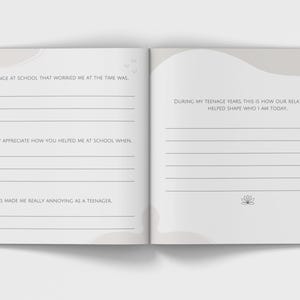May include: Open journal with lined pages and prompts for reflection. The left page includes prompts about school challenges and appreciation. The right page has prompts about teenage years and relationships. Soft beige and white color scheme.
