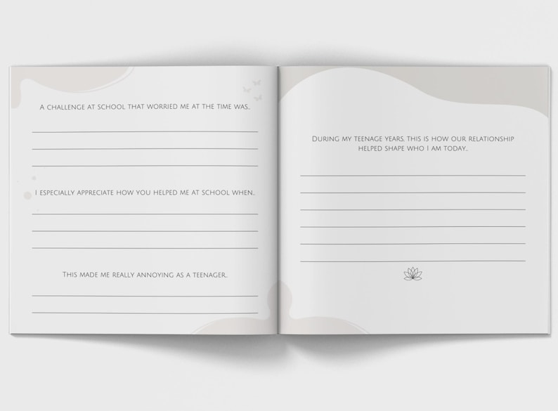 May include: Open journal with lined pages and prompts for reflection. The left page includes prompts about school challenges and appreciation. The right page has prompts about teenage years and relationships. Soft beige and white color scheme.