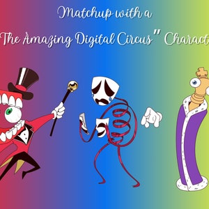 Puede incluir: Ilustración con tres personajes de dibujos animados de "The Amazing Digital Circus". Un personaje es una boca con un traje de maestro de ceremonias, otro es un esqueleto sosteniendo máscaras y el tercero es un rey con cabeza de pieza de ajedrez. El fondo es un degradado de rojo, azul y amarillo.