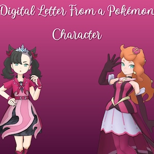 Puede incluir: Ilustración digital de dos personajes femeninos de Pokémon con atuendos rosas y negros. El texto en la parte superior dice "Carta digital de un personaje Pokémon". Dos Poké Balls están a cada lado del texto. El fondo es un degradado rosa y morado.